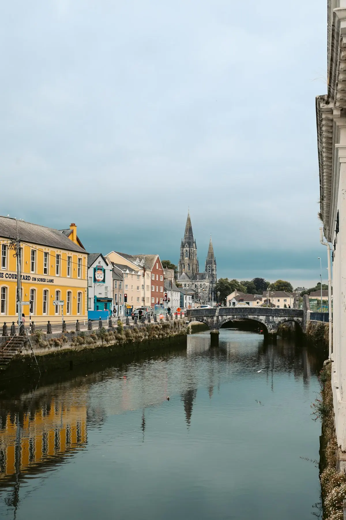 The River Lee in Cork city with St Fin Barre's Cathedral in the distance